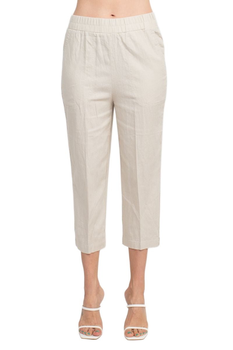 Land N Sea Pull - on Elastic Waist Slit Bottom Linen Gaucho Pant with Pockets - Glamourous Grace