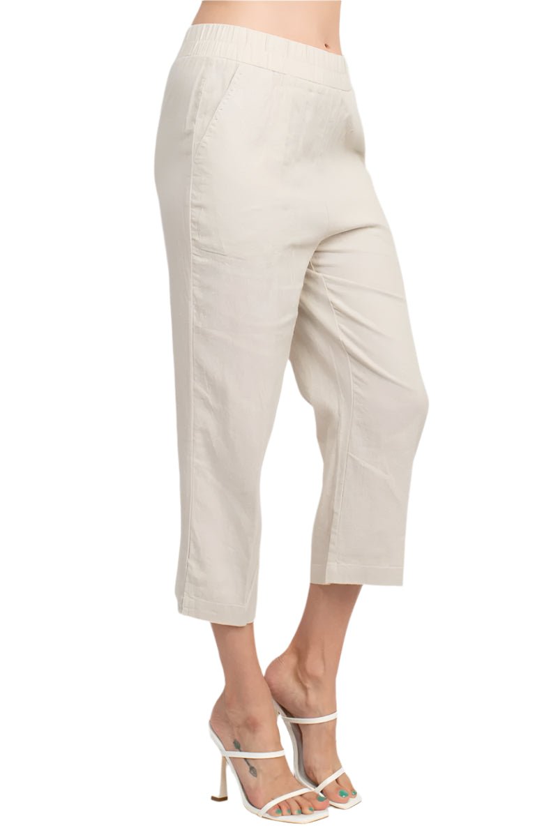 Land N Sea Pull - on Elastic Waist Slit Bottom Linen Gaucho Pant with Pockets - Glamourous Grace