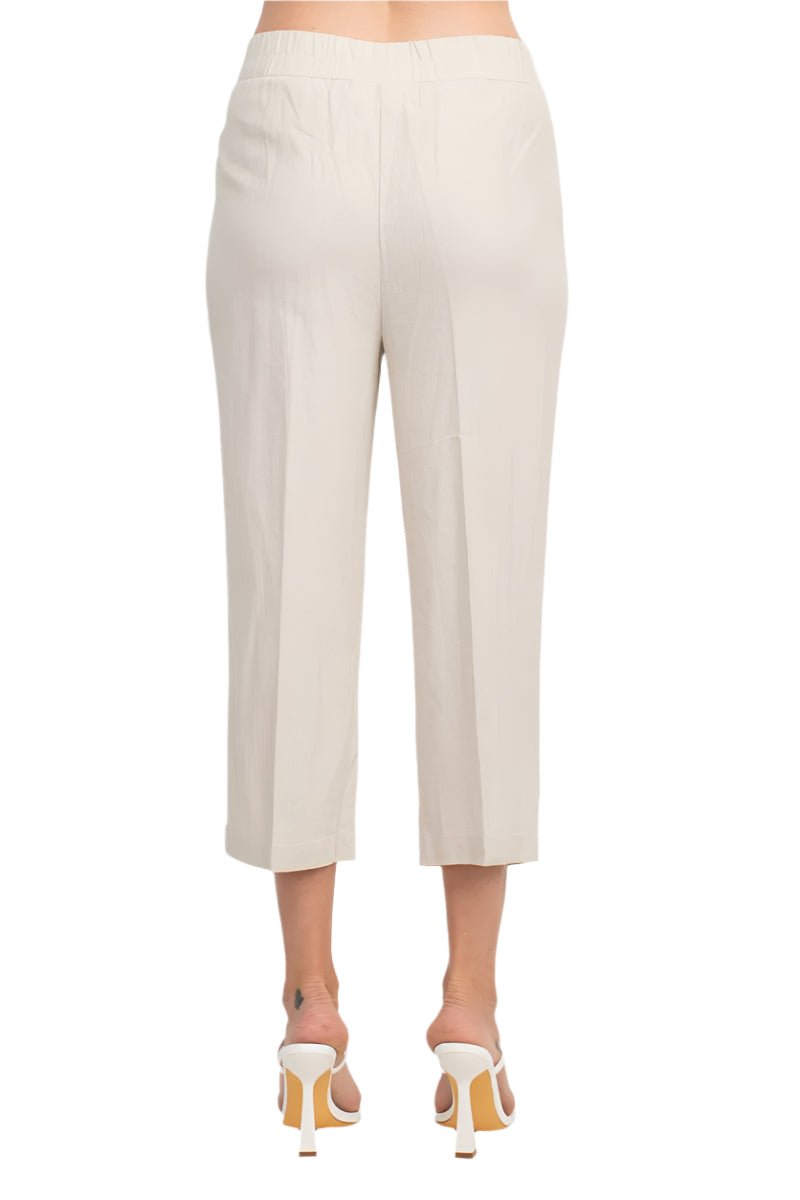 Land N Sea Pull - on Elastic Waist Slit Bottom Linen Gaucho Pant with Pockets - Glamourous Grace