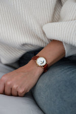 Women's 26mm Sun-Moon Phase Gold Watch with Brown Leather Strap