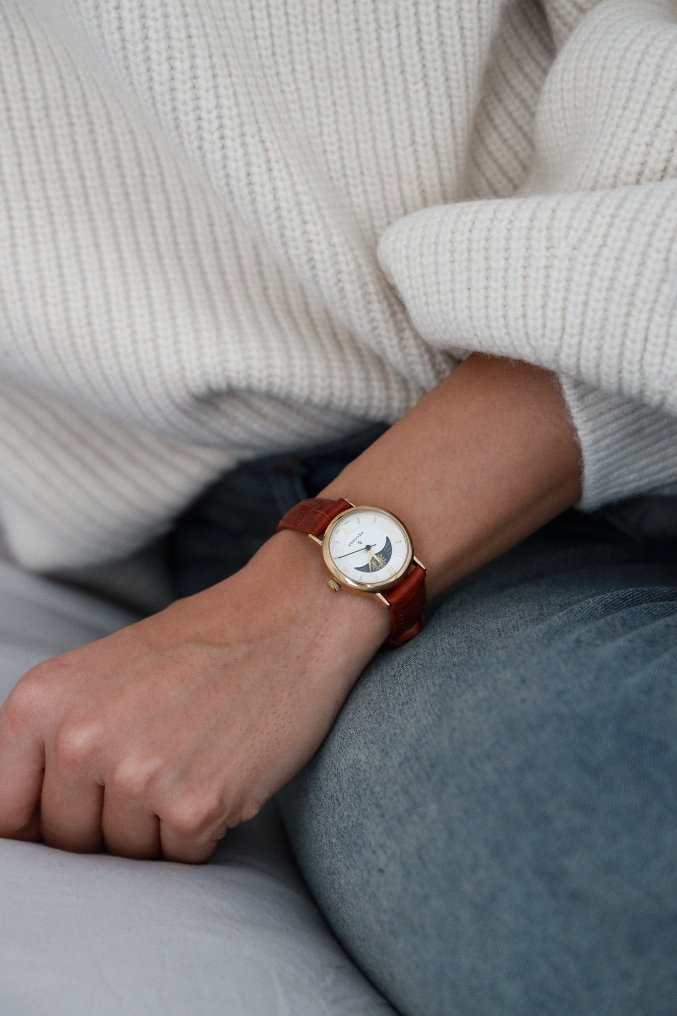 Women's 26mm Sun-Moon Phase Gold Watch with Brown Leather Strap