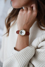 Women's 26mm Sun-Moon Phase Gold Watch with Brown Leather Strap