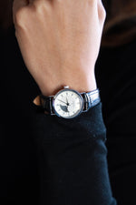 Women's 26mm Sun-Moon Phase Silver Watch with Black Leather Strap Peugeot Watches