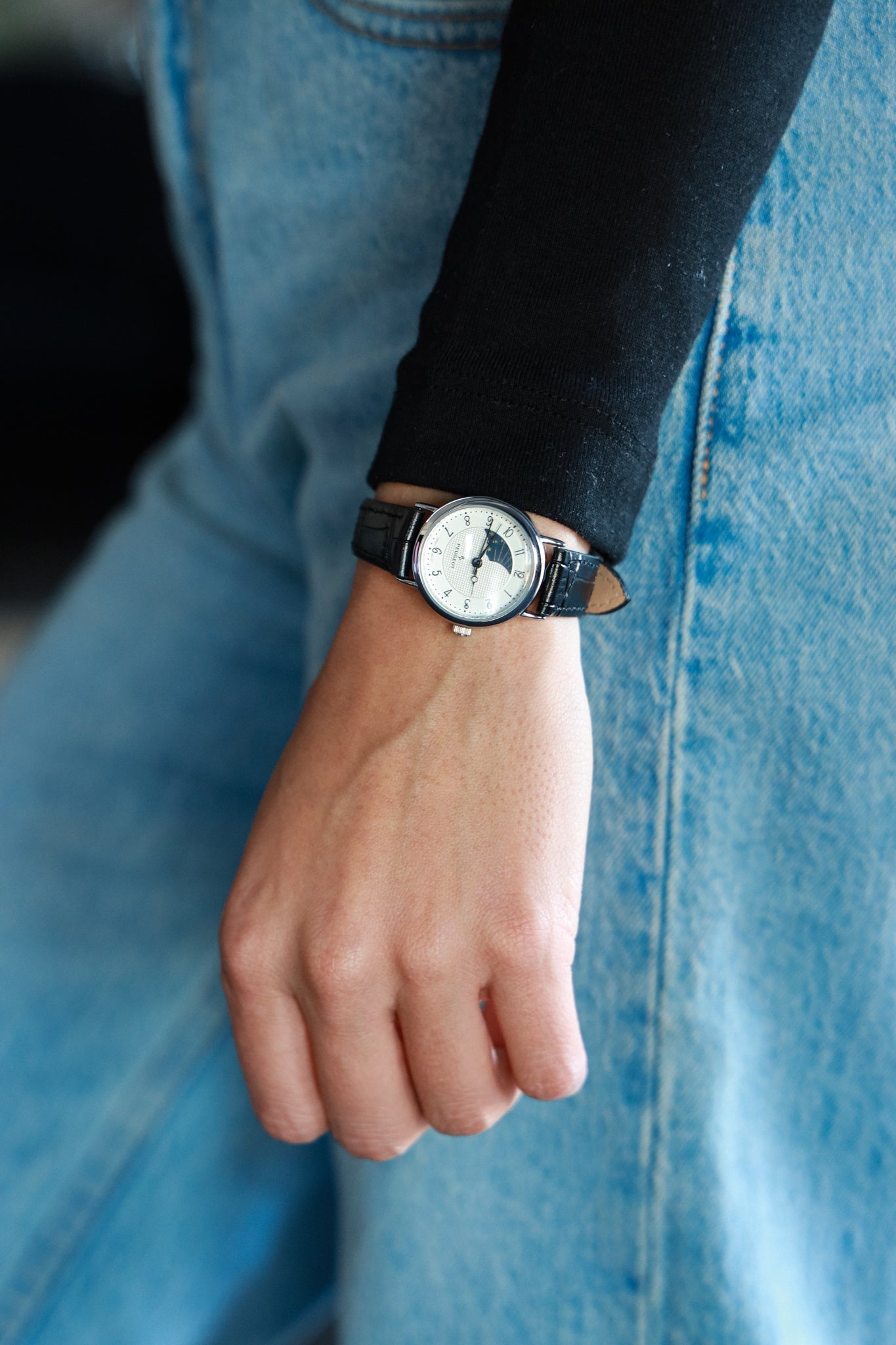 Women's 26mm Sun-Moon Phase Silver Watch with Black Leather Strap Peugeot Watches