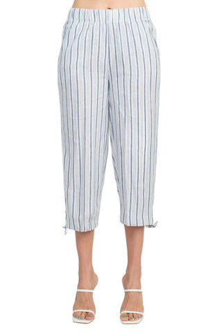 Land N Sea Pull-On Elastic Waist Tie Bottom Stripe Print Linen Pant with Pockets - By Baano