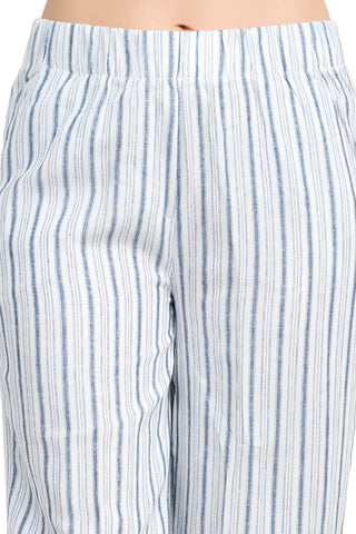 Land N Sea Pull-On Elastic Waist Tie Bottom Stripe Print Linen Pant with Pockets - By Baano