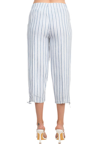 Land N Sea Pull-On Elastic Waist Tie Bottom Stripe Print Linen Pant with Pockets - By Baano