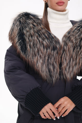 Rei Genuine Fur Trim Hooded Down Coat in Navy - By Baano