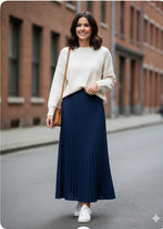 Navy Pleated Lightweight Solid Skirt MissFinchNYC