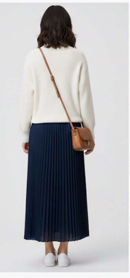 Navy Pleated Lightweight Solid Skirt MissFinchNYC