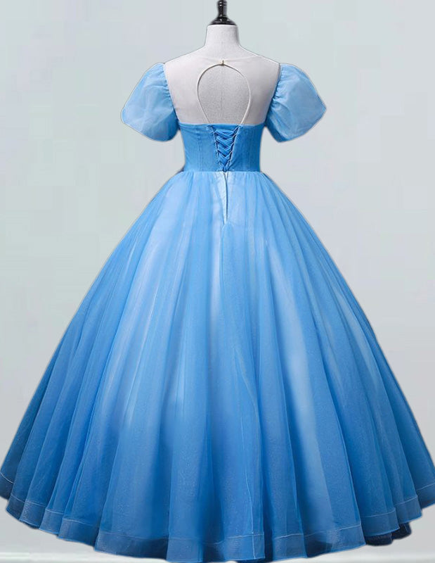 Women's Elegant Blue Tulle Prom Dress | Lace Applique Evening Gown with Sleeves