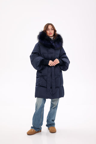 Genuine Fox Fur Trim Down Coat in Royal Blue - By Baano