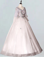 Women's Elegant Grey Lace Applique Tulle V-Neck Prom Ball Gown