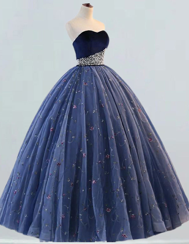 Strapless Navy Velvet Ball Gown | Pearl Accents Prom & Evening Dress