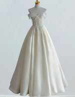Elegant Ivory Satin Bridal Gown | Off-Shoulder Pleated Evening Dress