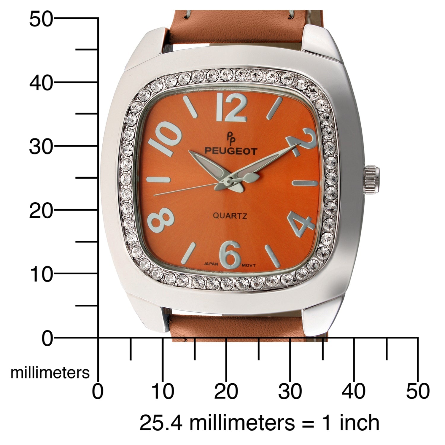 Women's Orange Boyfriend Watch 40mm Crystal Bezel Leather Strap Peugeot Watches