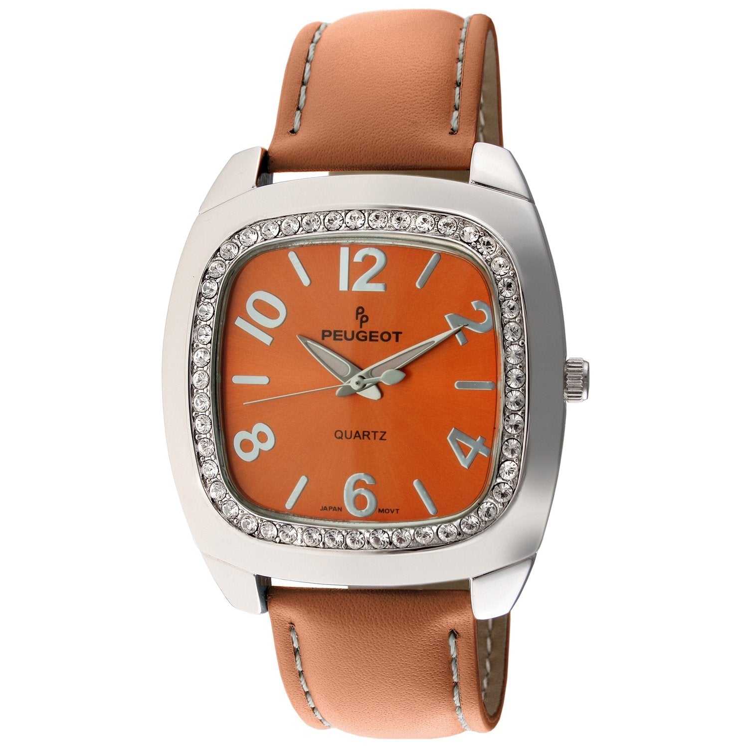 Women's Orange Boyfriend Watch 40mm Crystal Bezel Leather Strap Peugeot Watches