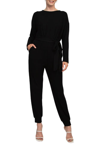 Philosophy Crew Neck Dolman Long Sleeve Tie Waist Elastic Hem Pockets Jersey Knit Jumpsuit - Glamourous Grace
