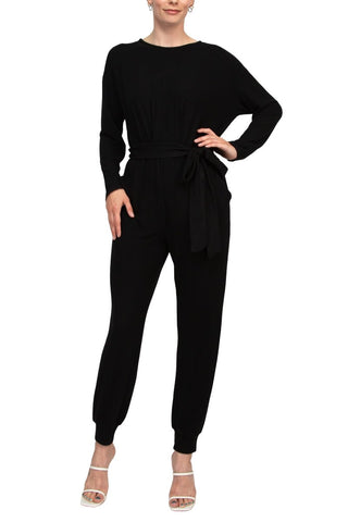 Philosophy Crew Neck Dolman Long Sleeve Tie Waist Elastic Hem Pockets Jersey Knit Jumpsuit - Glamourous Grace