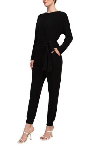 Philosophy Crew Neck Dolman Long Sleeve Tie Waist Elastic Hem Pockets Jersey Knit Jumpsuit - Glamourous Grace