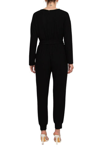 Philosophy Crew Neck Dolman Long Sleeve Tie Waist Elastic Hem Pockets Jersey Knit Jumpsuit - Glamourous Grace