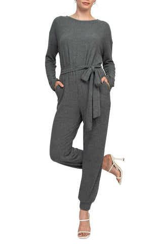 Philosophy Crew Neck Dolman Long Sleeve Tie Waist Elastic Hem Pockets Jersey Knit Jumpsuit - Glamourous Grace