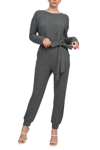 Philosophy Crew Neck Dolman Long Sleeve Tie Waist Elastic Hem Pockets Jersey Knit Jumpsuit - Glamourous Grace