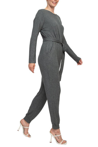 Philosophy Crew Neck Dolman Long Sleeve Tie Waist Elastic Hem Pockets Jersey Knit Jumpsuit - Glamourous Grace