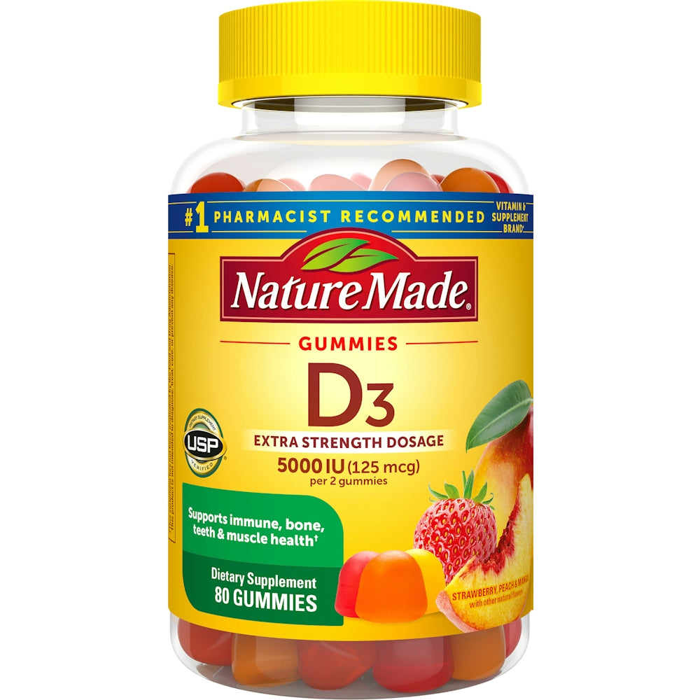 Nature Made Extra Strength Vitamin D3 5000 IU (125 Mcg) Per Serving, Dietary Supplement For Bone, Teeth, Muscle And Immune Health Support, 80 Gummies, 40 Day Supply