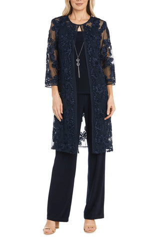 R&M Richards Round Neckline Sleeveless Top Floral Embroidered Three-Quarter Sleeves Jacket Relaxed Formal Pants Suit Dress (Plus Size)