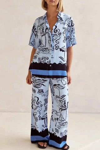 Printed Button Up Shirt and Pants Set Plus Size - By Baano
