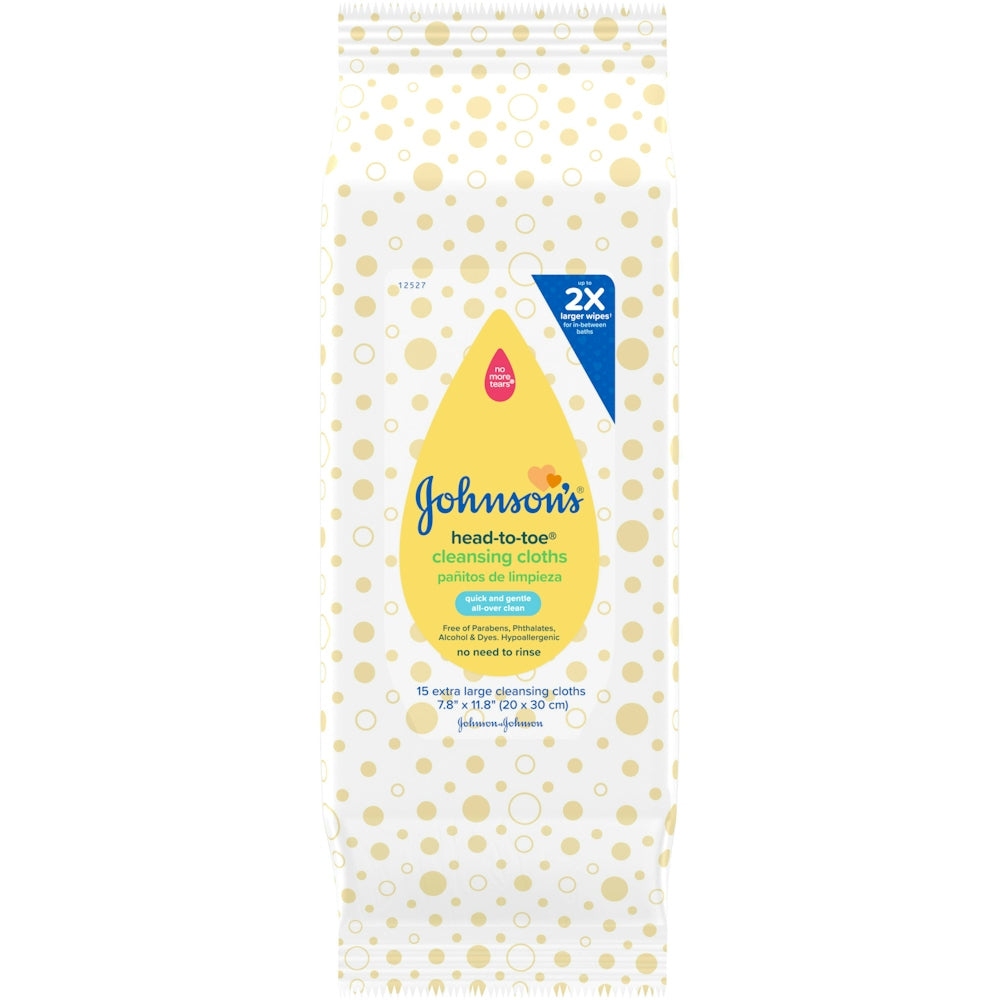 Johnson's Baby Head-to-Toe Gentle Cleansing Cloths, No Rinse, Hypoallergenic & Disposable Pre-Moistened Bath Wipes, Free Of Parabens, Phthalates, Alcohol, Dyes & Soap