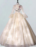 Champagne high collar pleated long tulle ball gown bridal wedding dress