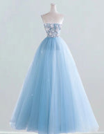 Women's Elegant Blue Strapless Beaded Evening Prom Gown | Formal Ball Dress