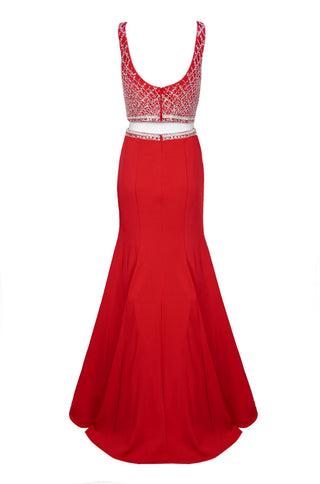 Dave & Johnny Boat Neck Sleeveless Zipper Back Embellished Waist and Bodice Mermaid Mesh Iridescent Rayon Gown - By Baano