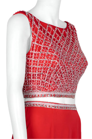 Dave & Johnny Boat Neck Sleeveless Zipper Back Embellished Waist and Bodice Mermaid Mesh Iridescent Rayon Gown - By Baano