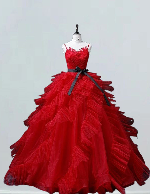 Red straps v neck ruffle pleated long tulle wedding dress gown beaded fluffy  long prom dress ball gown for women