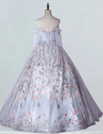 Grey Off-Shoulder Beaded Prom Gown with Sleeves | Elegant Evening Dress