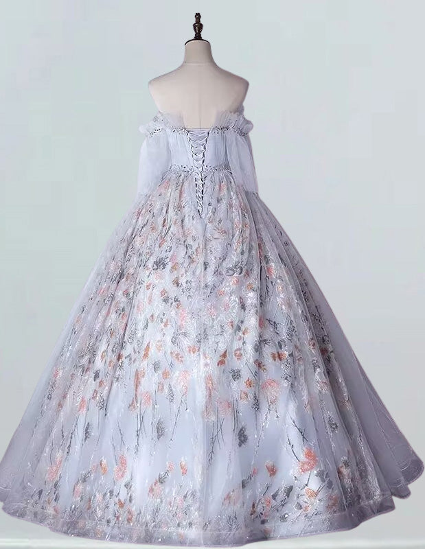 Grey Off-Shoulder Beaded Prom Gown with Sleeves | Elegant Evening Dress