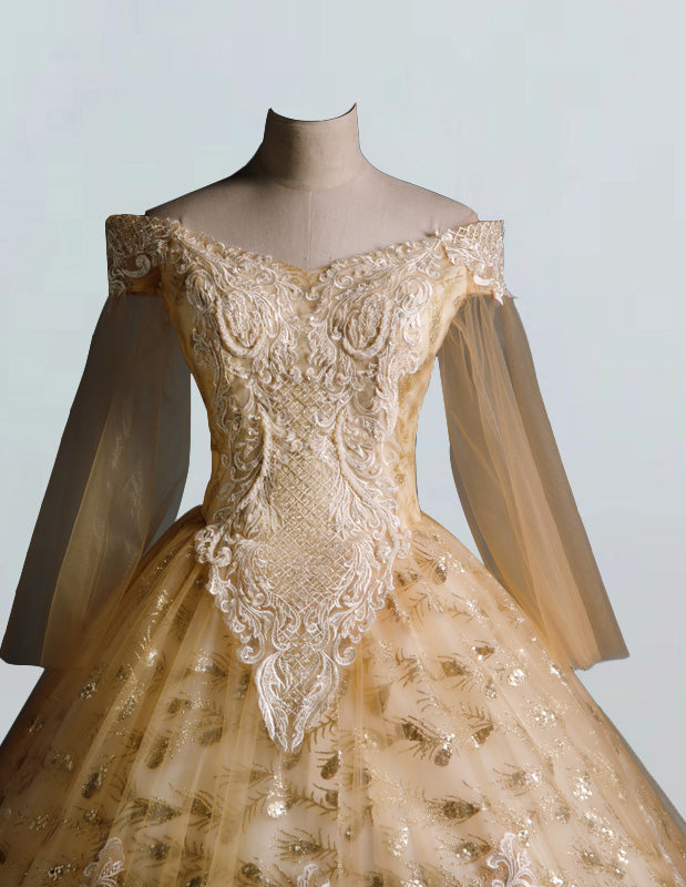 Gold sparkle long ball gown,Lace applique Bridal wedding gown