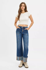 Risen Plus Size High Rise Crop Wide Straight Cuffed Jeans