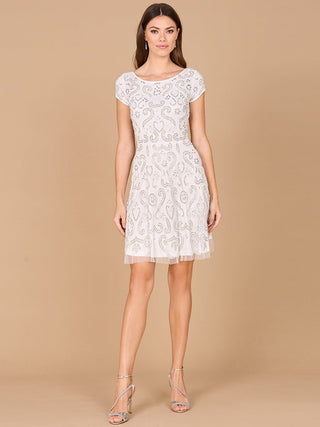 Lara Allison Short Sleeve Beaded Cocktail Dress in Ivory