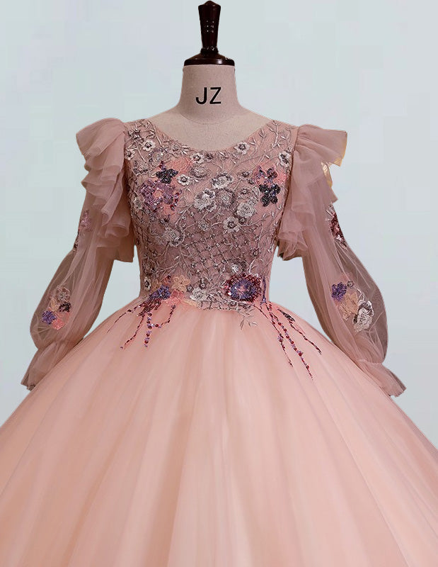 Girls' Elegant Pink Lace Long-Sleeve Scoop Neck Ball Gown Prom Dress