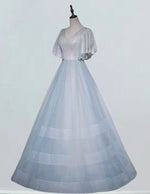 Women's Silver Sequin Tulle V-Neck Prom Gown with Sleeves | Elegant Evening Dress