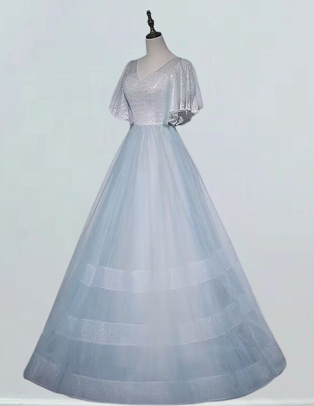 Women's Silver Sequin Tulle V-Neck Prom Gown with Sleeves | Elegant Evening Dress