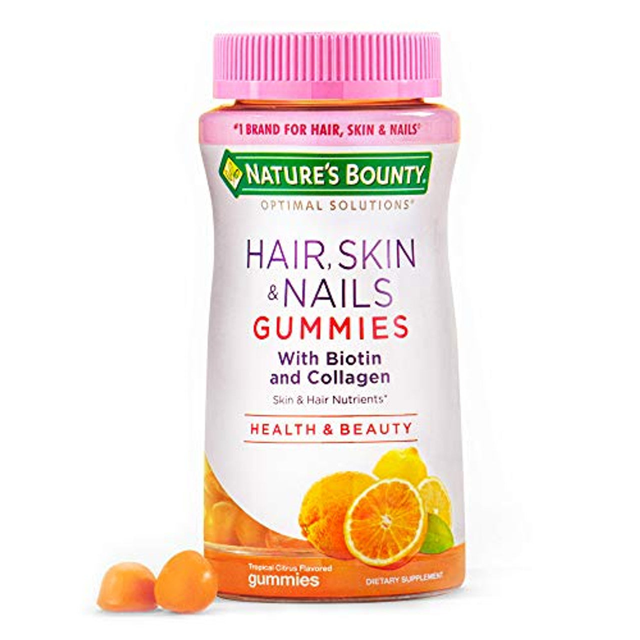 Nature's Bounty Optimal Solutions, Hair, Skin, & Nails, Collagen & Biotin, Tropical Citrus, 80 Gummies