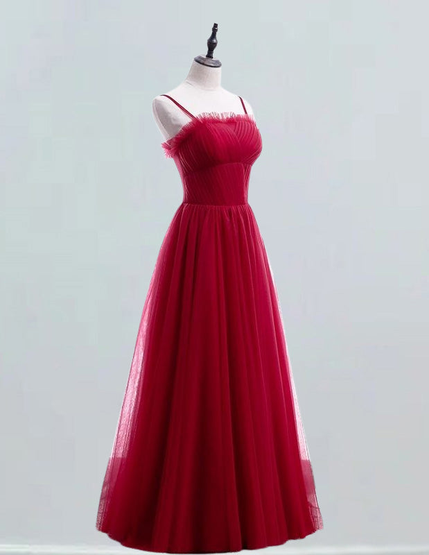 Girls' Elegant Red Tulle Ball Gown | Spaghetti Strap Pleated Quinceanera Dress