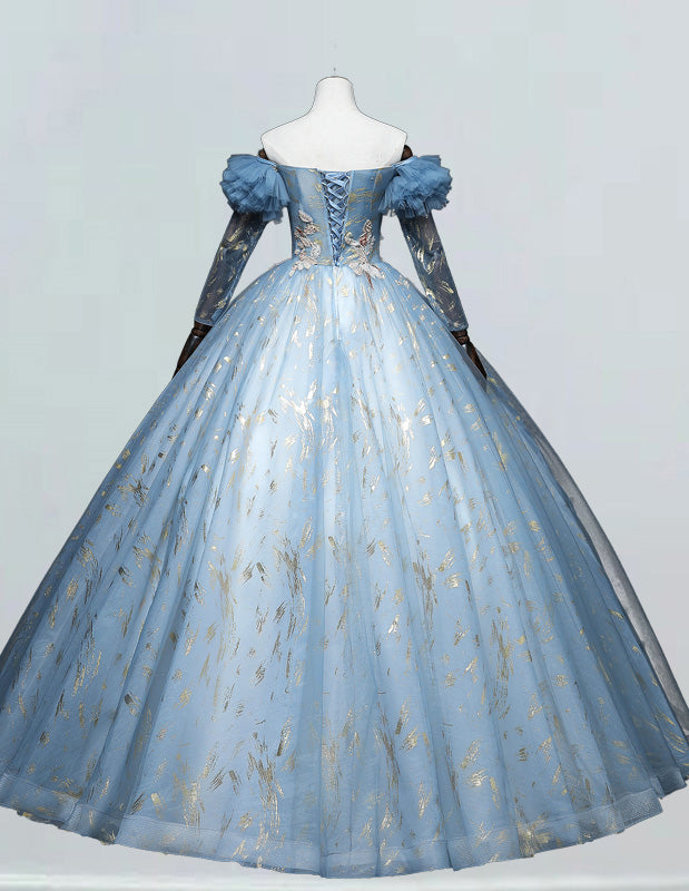 Tulle Long Sleeve Bridal Ball Gown Off the shoulder Princess Prom Dress Lace Applique Party Dress Long A line Formal Party Gown