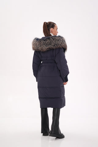 Rei Genuine Fur Trim Hooded Down Coat in Navy - By Baano