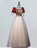 Red printed satin prom dress boat neckline long tulle ball gown plus size lace up evening dress gown